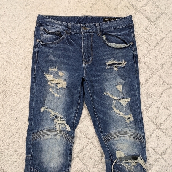 Smoke Rise Jeans Men's 32x34 Blue Distressed Moto Slim Fit Cotton StreetWear - Picture 3 of 10